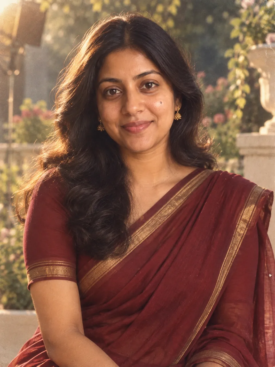 A woman in a maroon sari in a Bollywood-inspired 1980s garden portrait