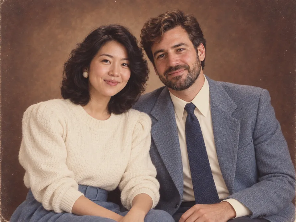 Two adults in coordinated cream and blue outfits in a vintage studio