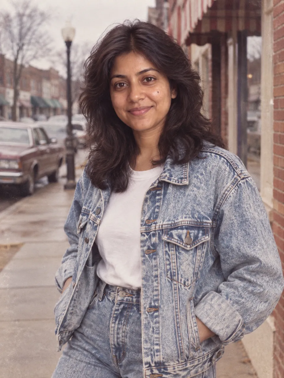A woman in acid-wash denim on a 1980s neighborhood street