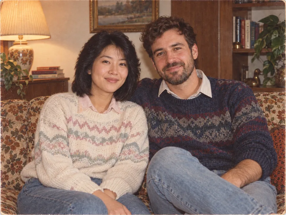 Two adults seated on a patterned sofa in a 1980s family album photo