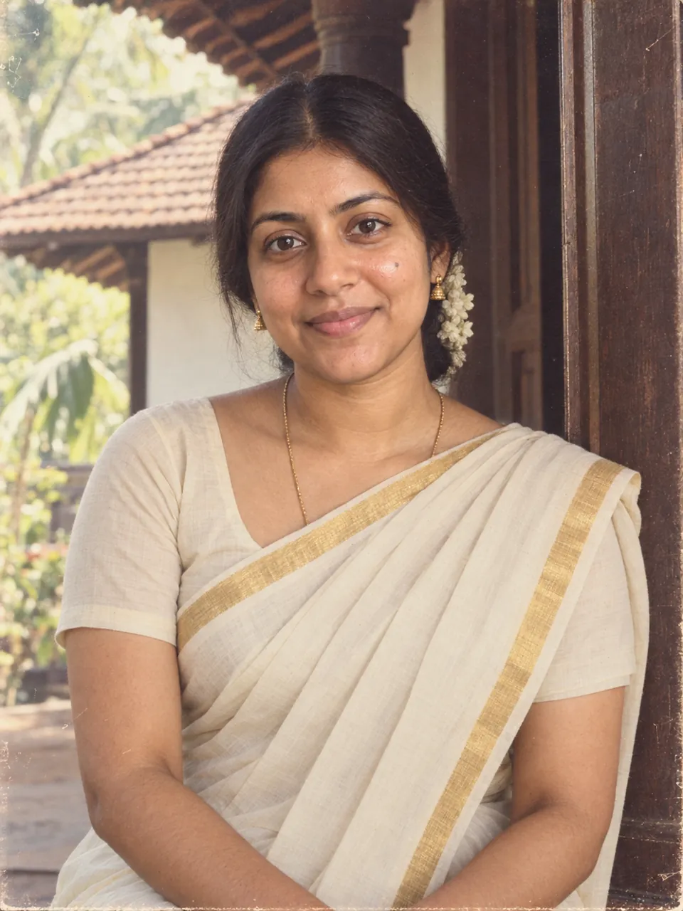 A woman in an off-white kasavu sari on a shaded Kerala-style veranda