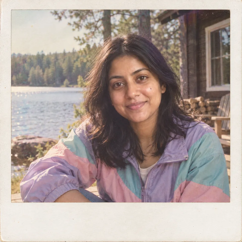 A lakeside holiday portrait with a blank Polaroid-style border