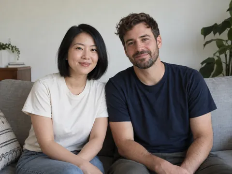 AI-created reference photograph of two adults seated together on a sofa