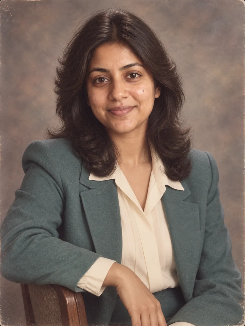 A woman wearing a teal blazer in a softly lit 1980s studio portrait