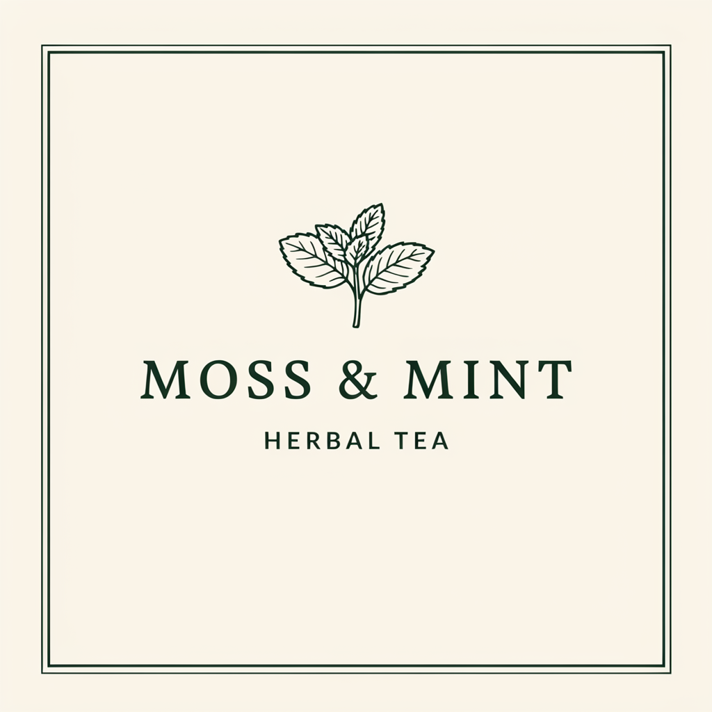 Ideogram 4.5 生成的米色茶叶标签，带有 MOSS & MINT、HERBAL TEA 字样及绿色薄荷枝叶